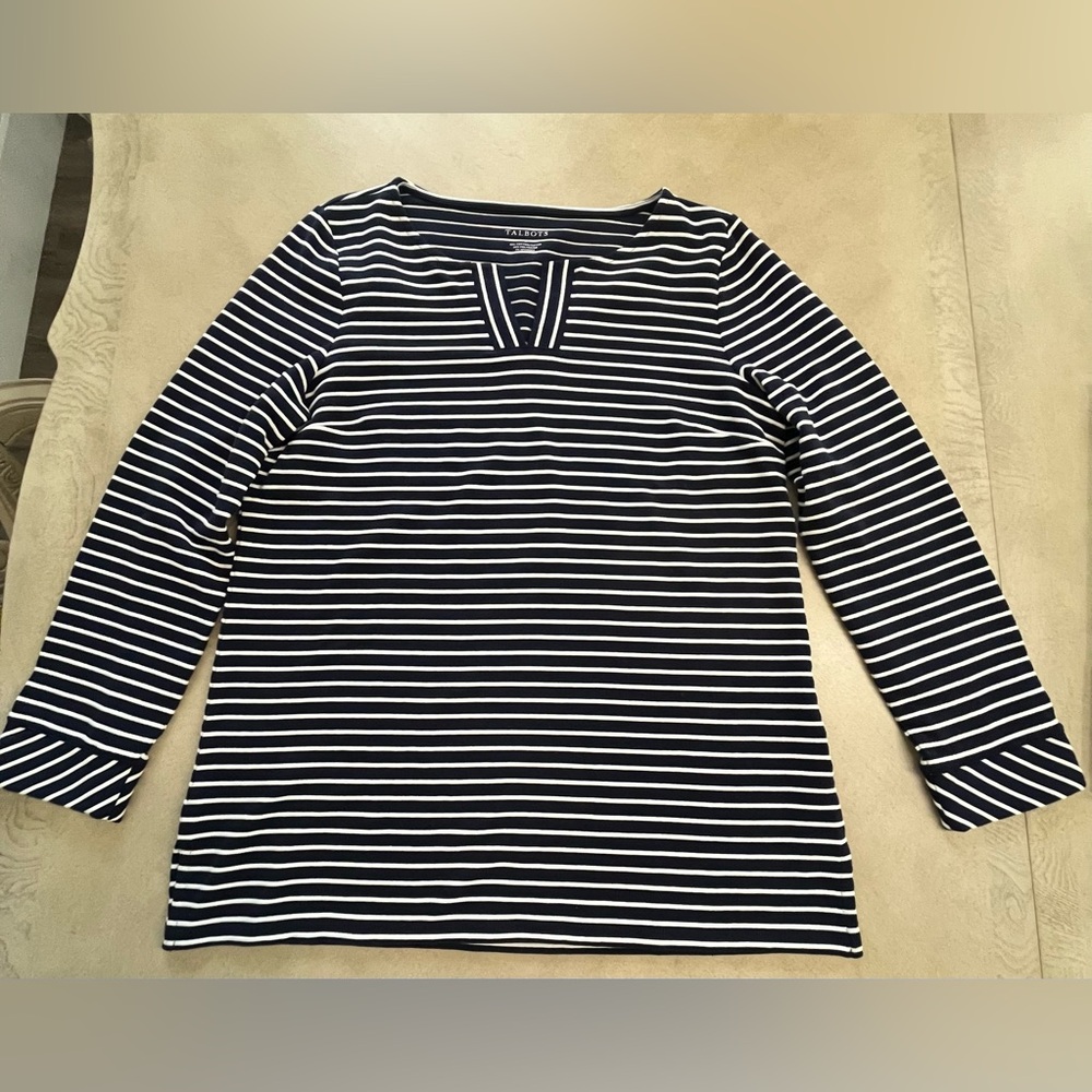 Talbots Navy and White Striped Long Sleeve Notch Top